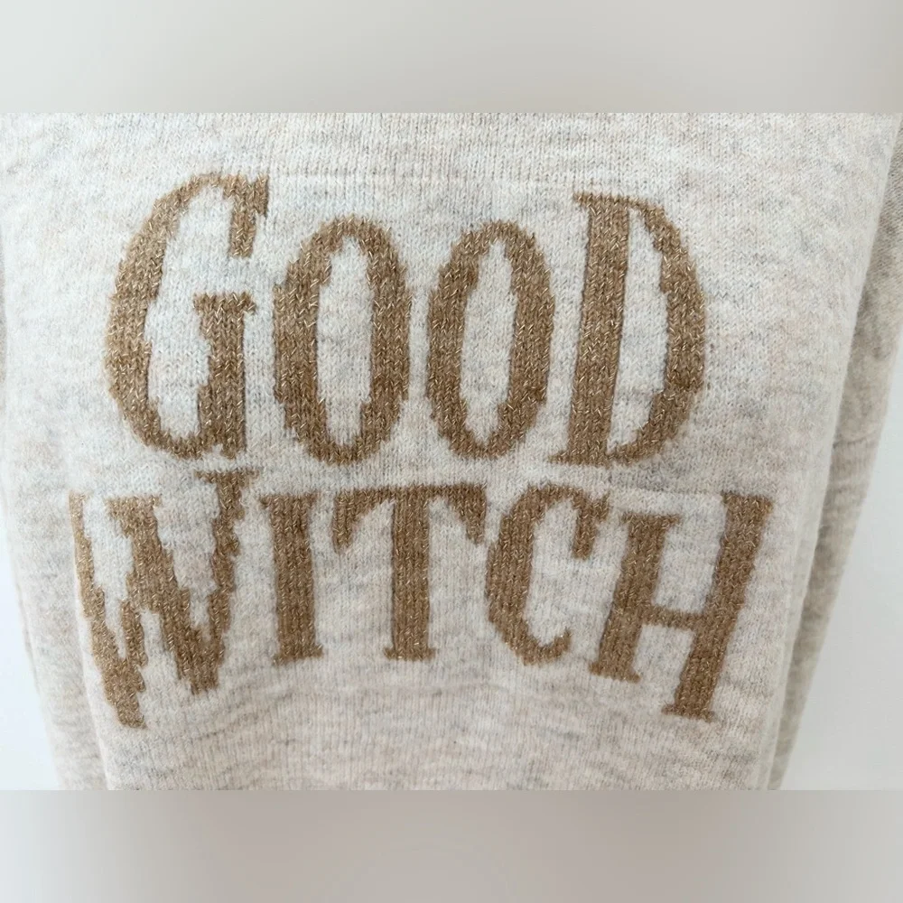 Vince Camuto ‘Good Witch’ NWT L/S Sweater Graphic Metallic Letters Heather Beige
